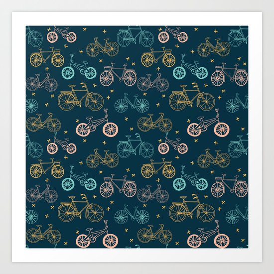 Bicycles cycle pattern navy and pastel pink by andrea lauren Art Print