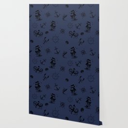 Navy Blue And Black Silhouettes Of Vintage Nautical Pattern Wallpaper