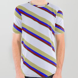 [ Thumbnail: Lavender, Dark Khaki, Blue, Maroon, and Aquamarine Colored Striped/Lined Pattern All Over Graphic Tee ]