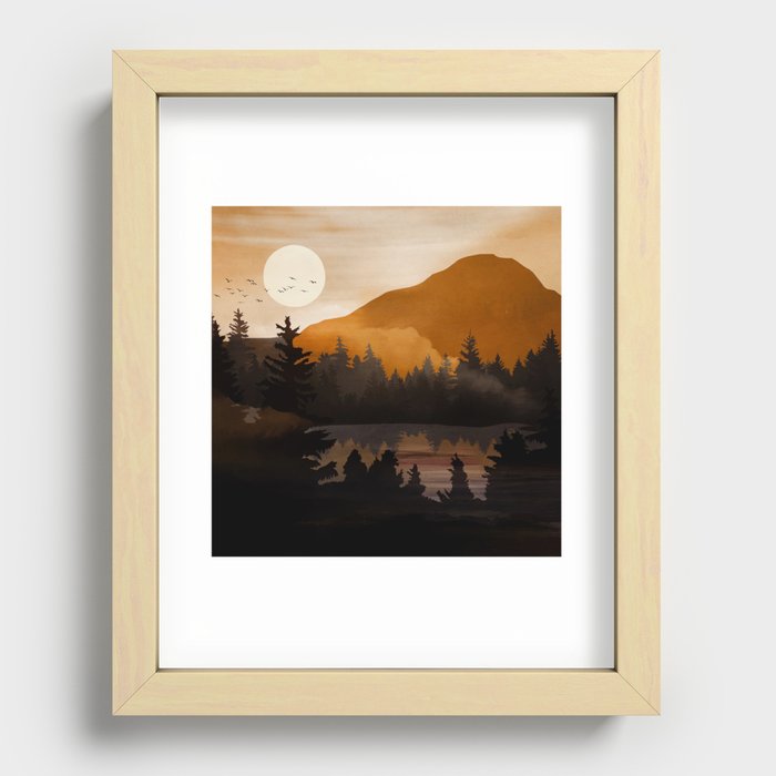 Golden Glimmer Mountain Lake Recessed Framed Print