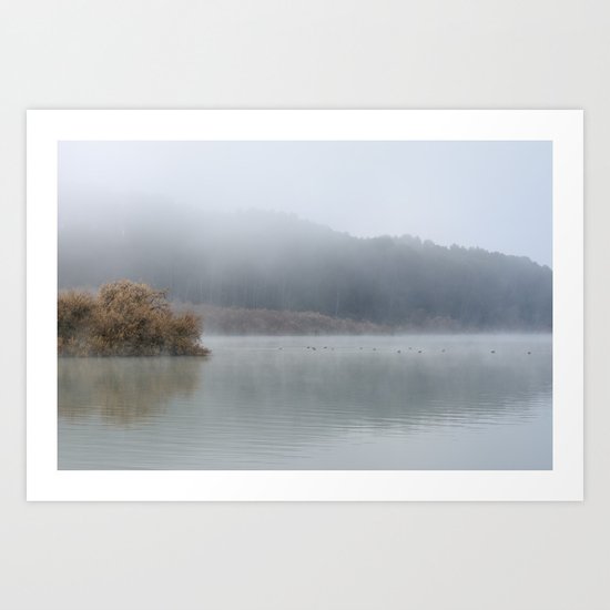 Wilderness lake. Foggy sunrise Art Print