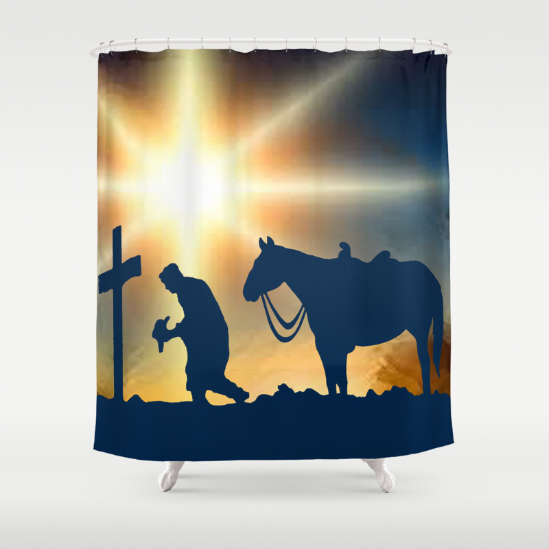 Cowboy Praying At The Cross With Sun Background Shower Curtain By