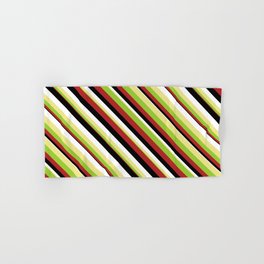 [ Thumbnail: Eye-catching Tan, Green, Red, Black & White Colored Striped/Lined Pattern Hand & Bath Towel ]