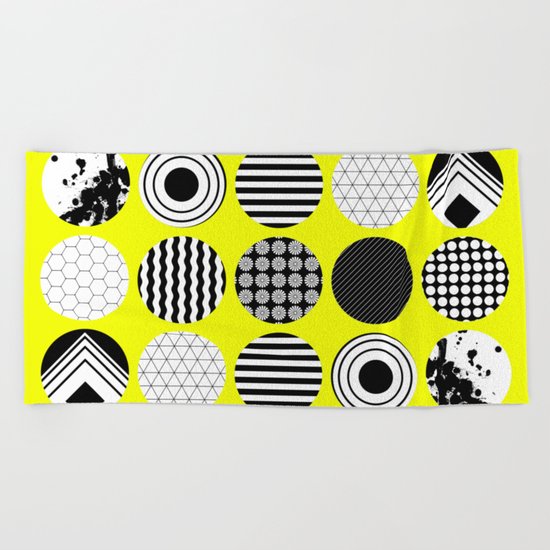 Eclectic Geometric - Black, white and yellow Beach Towel