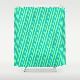 [ Thumbnail: Green & Dark Turquoise Colored Stripes Pattern Shower Curtain ]