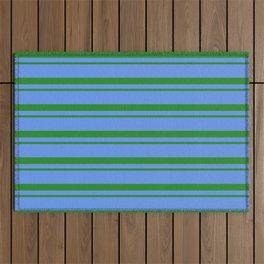 [ Thumbnail: Forest Green & Cornflower Blue Colored Lined Pattern Outdoor Rug ]
