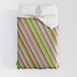 [ Thumbnail: Sienna, Orchid, Green & Light Gray Colored Stripes Pattern Duvet Cover ]