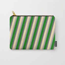 [ Thumbnail: Dim Grey, Beige, Dark Gray, and Green Colored Lines/Stripes Pattern Carry-All Pouch ]
