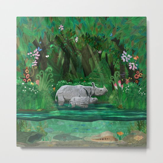 Rhinoceros mom and cub Metal Print