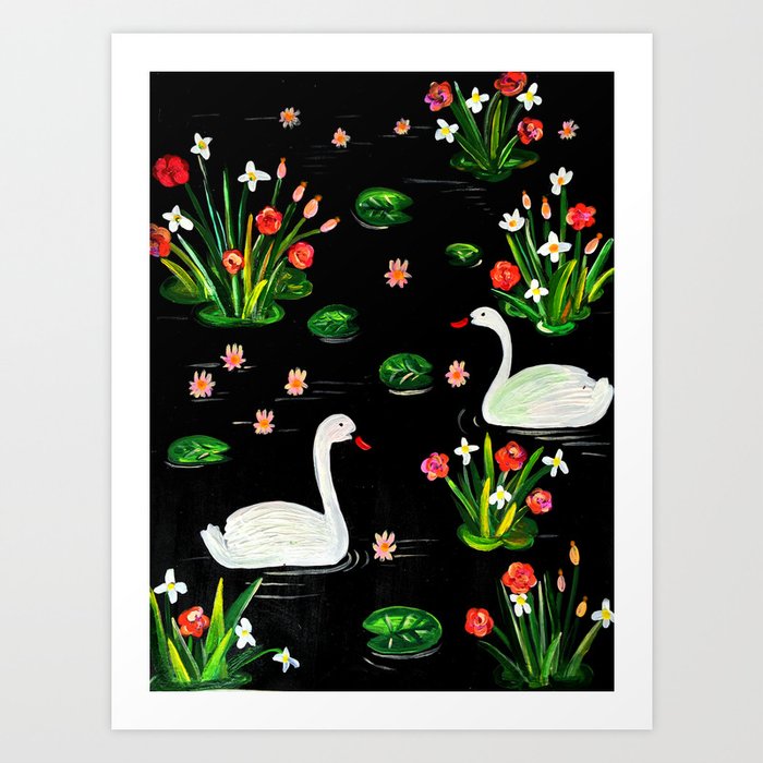 Slavic Folk Art Inspired Acrylic And Gouache Two Swans Painting