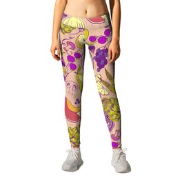 Vintage Veggies and Fruit Kitchen Wallpaper Pattern - Purple Leggings