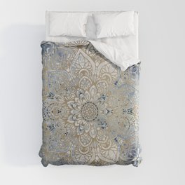 Mandala Flower, Blue and Gold, Floral Prints Duvet Cover