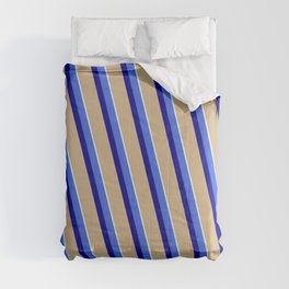 [ Thumbnail: Royal Blue, Dark Blue, Tan & Light Cyan Colored Stripes/Lines Pattern Comforter ]