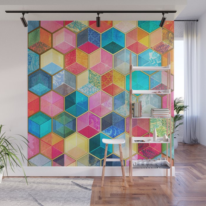 Crystal Bohemian Honeycomb Cubes - colorful hexagon pattern Wall Mural