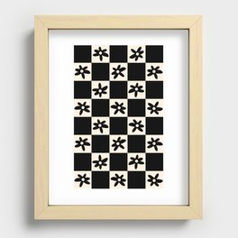 Flower Check Checkerboard Geometric Floral Pattern Black and Almond Cream Recessed Framed Print