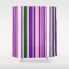 [ Thumbnail: Eyecatching Orchid, Light Pink, Dark Violet, Dark Green & Mint Cream Colored Lines/Stripes Pattern Shower Curtain ]