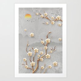  wallpaper flowers branches with modern gray background with moon, sun, birds Art Print