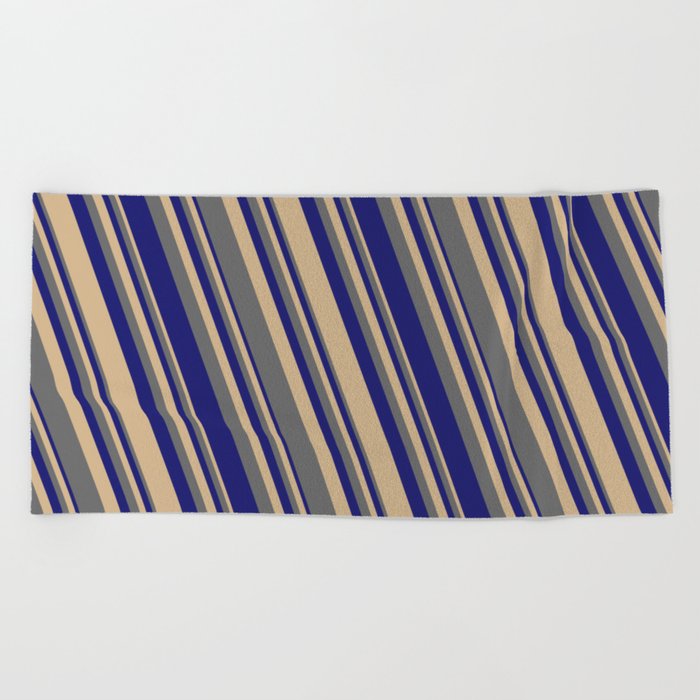 Tan, Dim Gray, and Midnight Blue Colored Lined Pattern Beach Towel