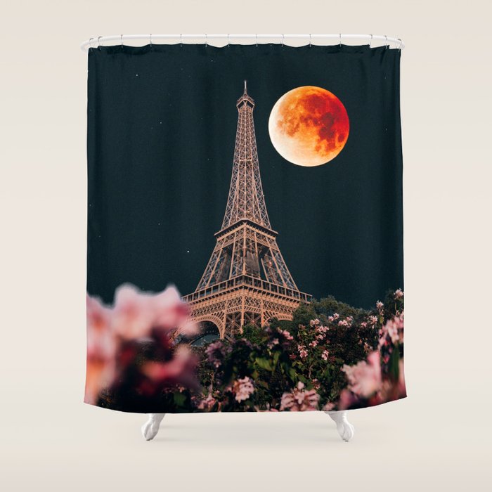 Blood Moon Over Paris France And The Eiffel Tower And Pink Flowers