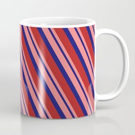 [ Thumbnail: Light Coral, Midnight Blue, and Red Colored Stripes/Lines Pattern Coffee Mug ]