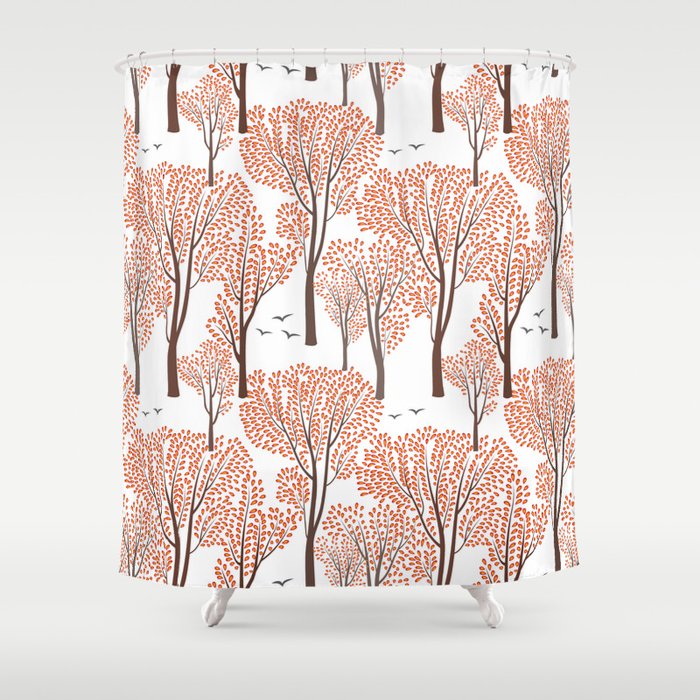 Fall nature wildlife seamless pattern Autumn trees background Plant with leaves. Forest birds ornamental endless pattern Shower Curtain