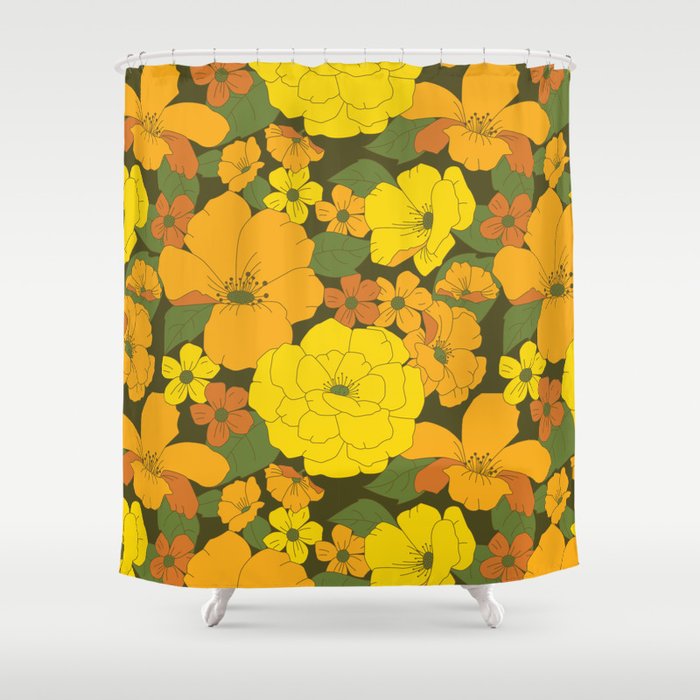 Orange & Yellow Lilies Retro Floral Pattern Shower Curtain