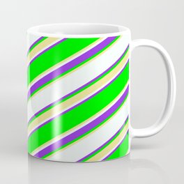 [ Thumbnail: Lime, Tan, Mint Cream & Purple Colored Lined Pattern Coffee Mug ]