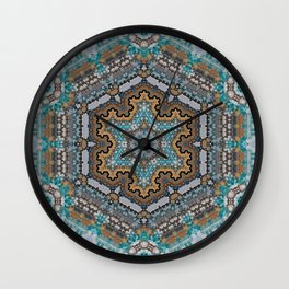 Aqua, Gold and Blue Tile 3 Wall Clock | Mandala, Circular, Aqua, Gold, Circle, Kaleidoscope, Calm, Teal, Blue, Turquoise 