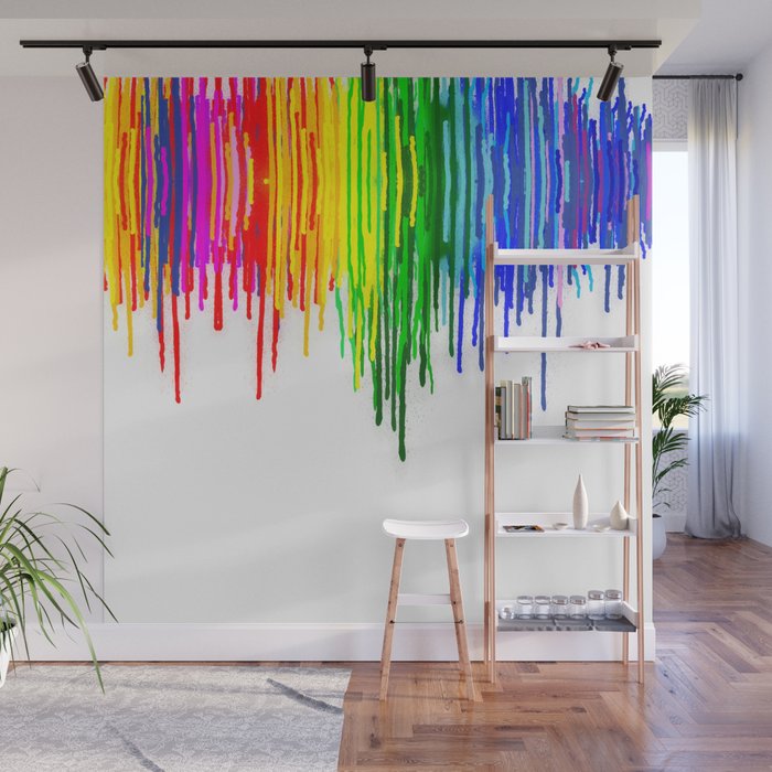 Rainbow Paint Drops on White Wall Mural
