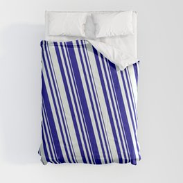 [ Thumbnail: Dark Blue and Mint Cream Colored Striped Pattern Comforter ]