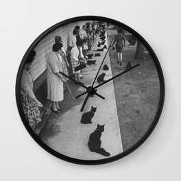 Black Cats Auditioning in Hollywood black and white photograph Wall Clock