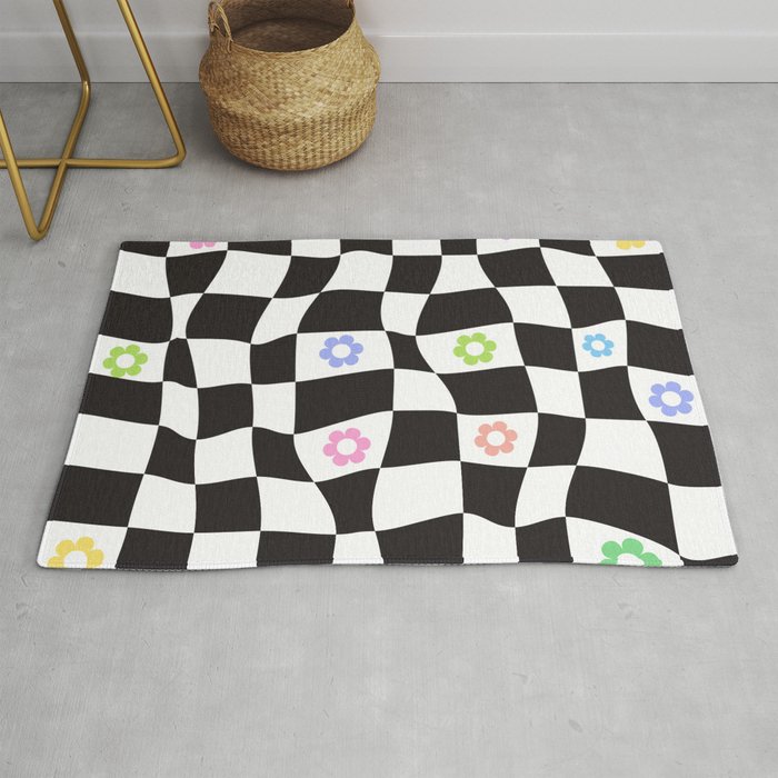 Retro CHECK Pattern 70s 60s Flowers Rug