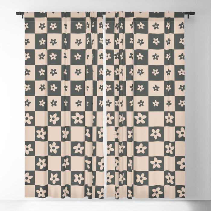 Abstract Floral Checker Pattern 4 in Tan and Black Blackout Curtain