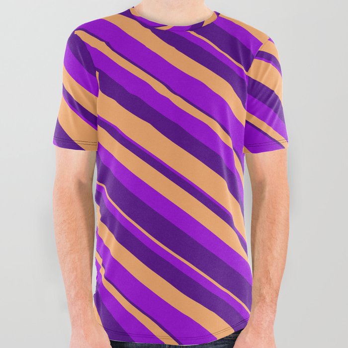 Dark Violet, Indigo & Brown Colored Striped Pattern All Over Graphic Tee