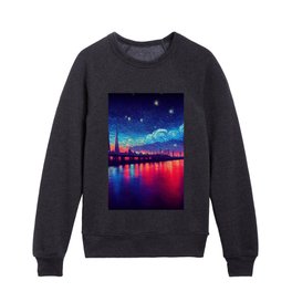 The Sea of Clouds roll in - Impressionist - Impressionism Painting - Van Gogh Style - Reflecting Waters At Night - Cyberpunk Cityscape Kids Crewneck