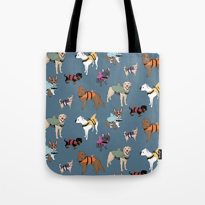 Dogs in Shark Lifejackets on Midnight Blue Tote Bag