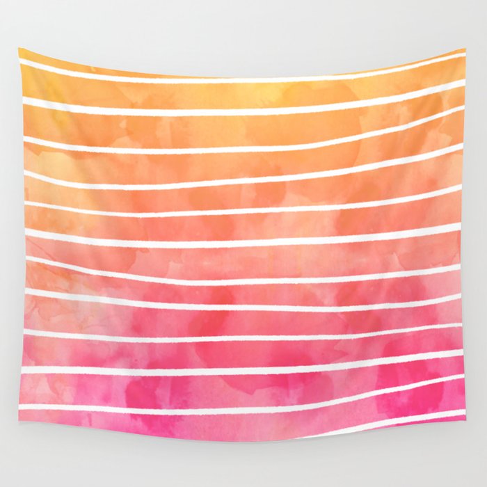 Modern pink yellow sunset watercolor ombre stripes pattern Wall Tapestry
