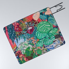 Jungle of Houseplants and Flowers on Bright Coral Pink with Wild Cats Picnic Blanket