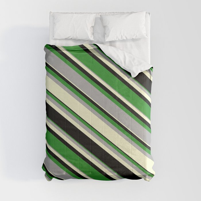 Forest Green, Dark Grey, Light Yellow, and Black Colored Pattern of Stripes Comforter