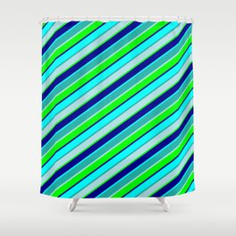 [ Thumbnail: Light Sea Green, Powder Blue, Lime, Dark Blue, and Aqua Colored Lines Pattern Shower Curtain ]
