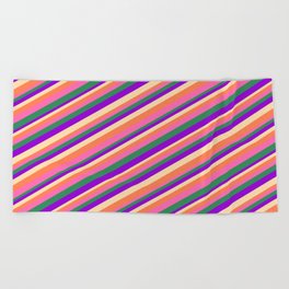 [ Thumbnail: Eyecatching Coral, Hot Pink, Sea Green, Dark Violet, and Tan Colored Pattern of Stripes Beach Towel ]