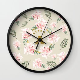 Alina with flowers  Wall Clock | Beige, Alina, Pattern, Flowers, Cirles, Digital, Alinawithflowers, Pink, Green, Golden 