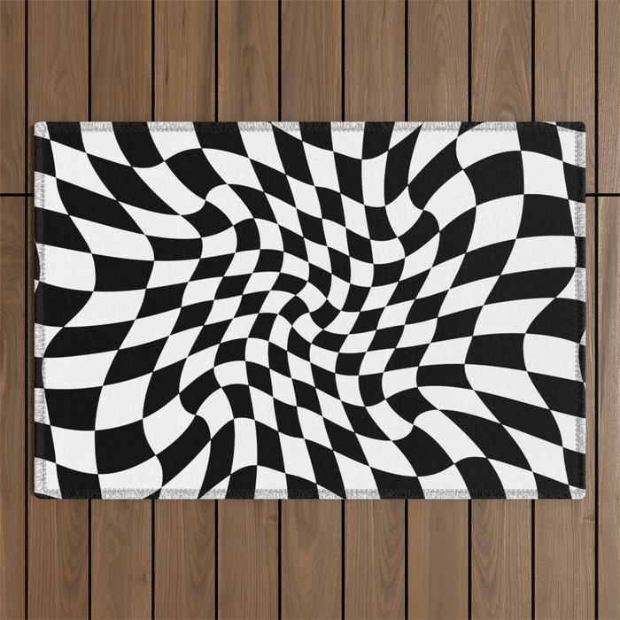 Black and White Warped Checkerboard Outdoor Rug