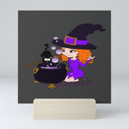 Witch Girl and Her Black Cat Mini Art Print
