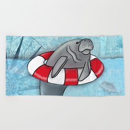 Manatee in a Swim Ring Beach Towel