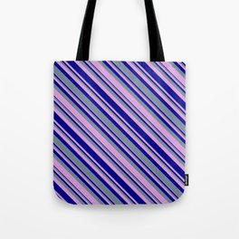 [ Thumbnail: Light Slate Gray, Plum, and Dark Blue Colored Lines/Stripes Pattern Tote Bag ]