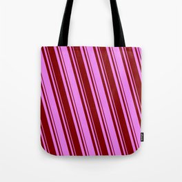 [ Thumbnail: Maroon & Violet Colored Lined Pattern Tote Bag ]