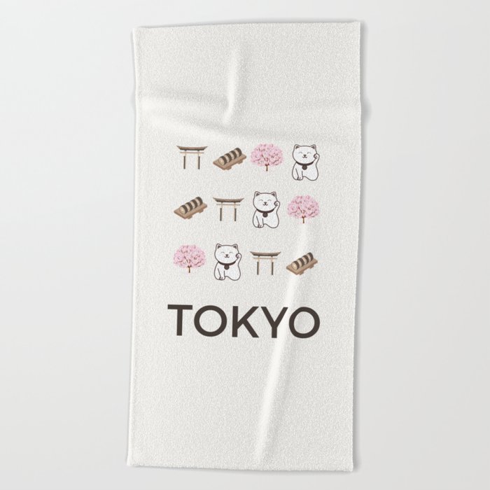 Tokyo Retro Art Vacations Boho Decor Modern Decor Grey Illustration Beach Towel