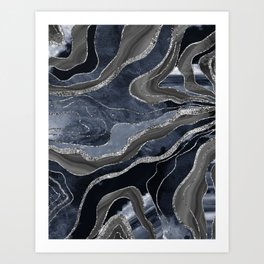 Navy Blue Black Marble Agate Silver Glitter Glam #1 (Faux Glitter) #decor #art #society6 Art Print