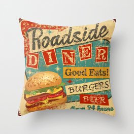 Vintage Roadside Diner metal sign.  Throw Pillow